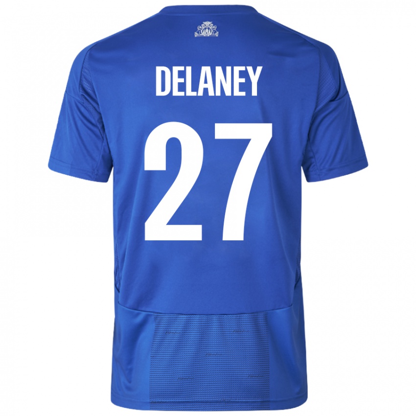 Damen Thomas Delaney #27 Weiß Blau Auswärtstrikot Trikot 2024/25 T-Shirt Schweiz